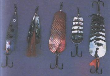 Слева направо: длинная узкая блесна "toby" и широкие, или классические блесны для ловли хищной рыбы - "favorit vass", "uto original", "atom giller", "atom"